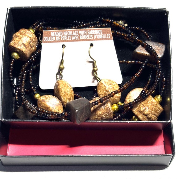 Set of multi layered beaded necklace with earrings - tan & brown - Picture 1 of 4